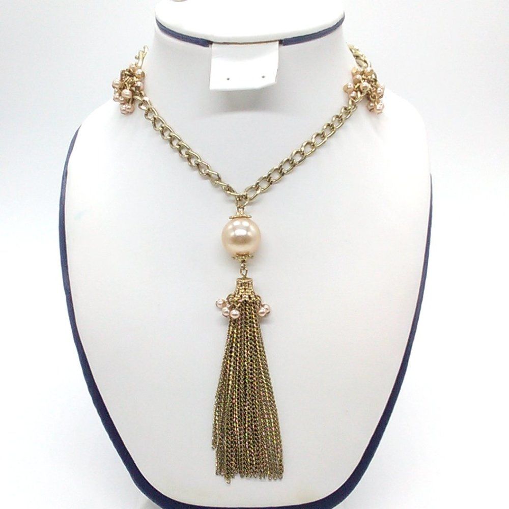35 Faux Pearl  Gold Tone Tassel Necklace Lobster Clasp